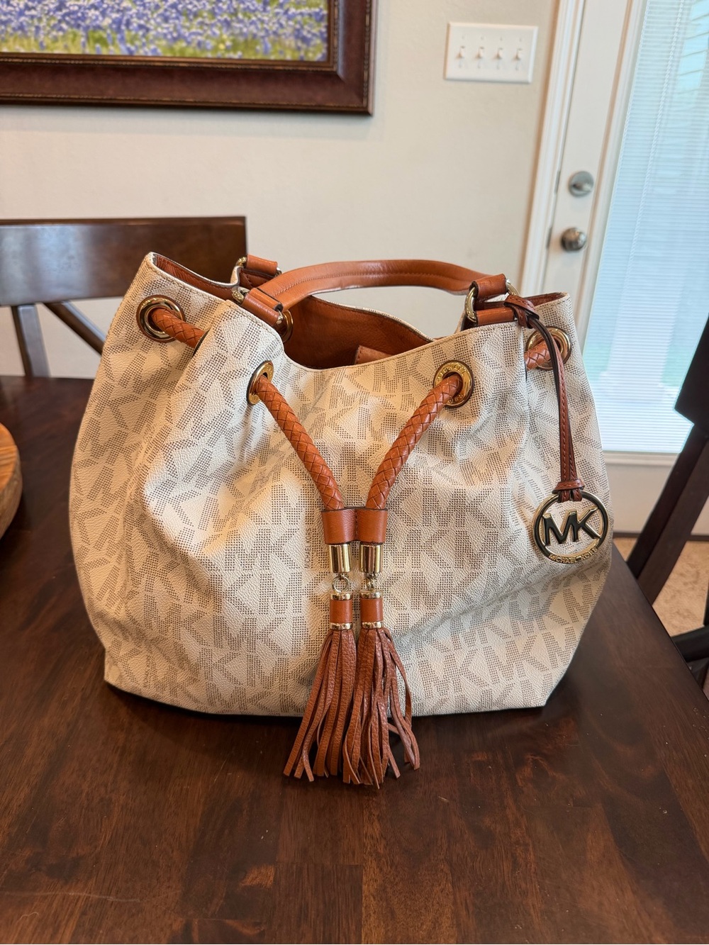 Michael Kors Cream Logo Drawstring Shoulder Bag with Brown Trim